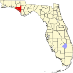 A state map highlighting Bay County in the panhandle part of the state. It is medium in size.