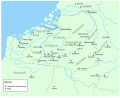 Image 33Southern part of the Low Countries with bishopry towns and abbeys c. 7th century. Abbeys were the onset to larger villages and even some towns to reshape the landscape. (from History of Belgium)