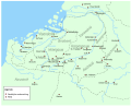 Image 6Southern part of the Low Countries with bishopry towns and abbeys c. 7th century. Abbeys were the onset to larger villages and even some towns to reshape the landscape. (from History of Belgium)