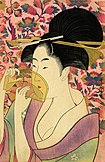 Colour print of a closeup of a heavily made-up mediaeval Japanese woman peering through a translucent comb.