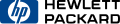 A dark blue rounded rectangle with a hollow circle, the stylized italic letters "hp" on it and the black words "HEWLETT PACKARD"