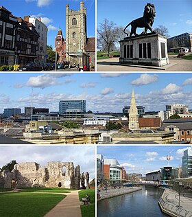 From top left: the Town Hall and St Laurence's Church, the Maiwand Lion, the Town Centre skyline from the Royal Berkshire Hospital, Reading Abbey and The Oracle