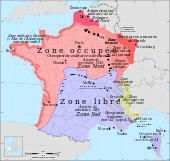 Une carte représentant la division du territoire français, durant la Seconde Guerre mondiale, entre une zone libre correspondant à un large tiers sud-est du pays et une zone occupée correspondant au nord du pays et au littoral atlantique.