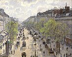 Impressionist painting of wide tree-lined Boulevard Montmartre with horse-drawn carts in the 1890s