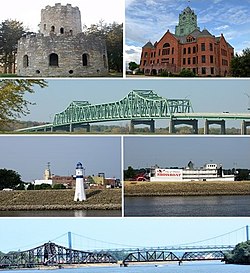 Top row: Eagle Point Park, Clinton County Courthouse; Second row: Mark Morris Memorial Bridge, Third row: Clinton Riverfront, Clinton Area Showboat Theatre; Bottom row: Gateway Bridge behind the Clinton Railroad Bridge