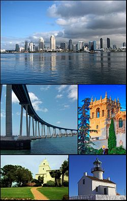 Images frae top, left tae richt: San Diego Skyline, Coronado Bridge, museum in Balboa Park, Serra Museum in Presidio Park an the Old Point Loma lighthouse