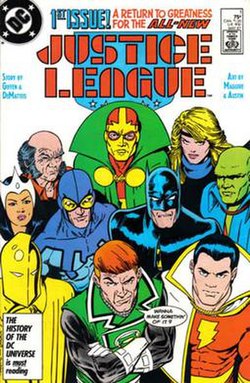 The Leaguers all standing closely together looking to the camera with Guy Gardner saying, "Wanna make something of it?"