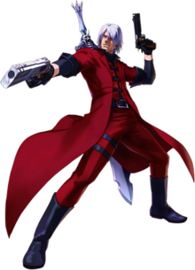 Render of a silver haired man wearing a red jacket. The hilt of his sword is visible while he points a pistol forward.