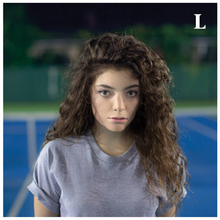 A portrait of Lorde, featuring a faded background of a tennis court. On the upper right corner is the capital letter "L".