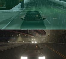 Two images of a man in black clothes driving a car through a rainy street at night. The top bottom image has improved reflections, lighting, and draw distance.