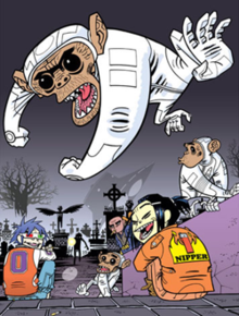 Illustration of the virtual band members alongside Gorillaz by Jamie Hewlett
