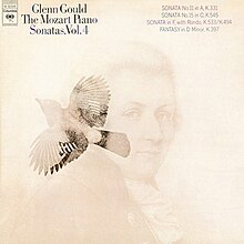 an album cover with a light tan background and faint illustrations of a bird flying leftward and the composer Mozart