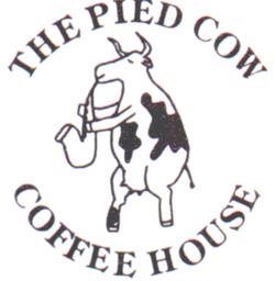 Black-and-white logo with a cow playing a saxophone and the text "The Pied Cow" above and "Coffee House" below