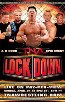 A poster featuring five white males doing poses in front of a steel cage backdrop with a large red logo saying Lockdown in front of the males.