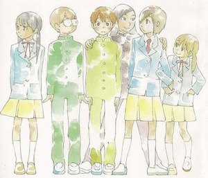 A group of six junior high school students standing side by side in school uniforms. From the left is three girls, the latter two of whom are transgender, a gender non conforming girl wearing a male uniform, a trans boy, and a cis girl.