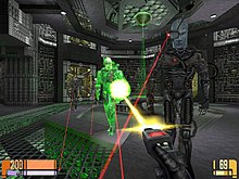 A pair of cyborgs advance on the player, whose view is rendered from a first-person perspective. The player fires an energy weapon at one of the cyborgs; however, the weapon has no effect and is absorbed by the cyborg's personal energy shield.