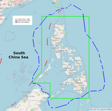 The exclusive economic zone of the Philippines shown in blue lines,[14] eleven dash-line claim by China shown in red lines, treaty line of the Treaty of Paris (1898) shown in green line.