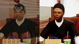Two images of a black woman sitting at a table with food. The right image has smoother textures and models.