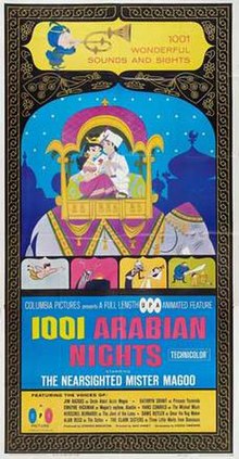 A montage of images, the largest of which at center is of an Arabic teenage boy and girl in royal garments riding atop a similarly dressed up elephant. The top image in the montage features the cartoon character Mr. Magoo, a short elderly man, playing a trumpet next to the text "1001 Wonderful Sights and Sounds". Closer to the bottom of the image is the text: "Columbia Pictures presents a Full-Length UPA Animated Feature: '1001 Arabian Nights' (Technicolor), starring 'The Nearsighted Mr. Magoo'".