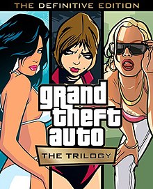 Artwork of three women: black hair in a bikini; brown hair in a pink outfit; blonde hair in a pink bra and sunglasses. Text reads "Grand Theft Auto" and "The Trilogy", with "The Definitive Edition" at the top.