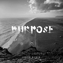 Justin Bieber down below. Standing on a mountain and watching the sea with no shirt on. Top on the middle, there's a title that says "PURPOSE". Down below, Justin Bieber's name is shown darkly.