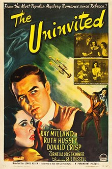 An illustrated image featuring a concerned image of a man and woman in the foreground. The background features the same man in front of the woman throwing a candelabra at a foggy apparition. The title of the film appears above with cast and production information below.