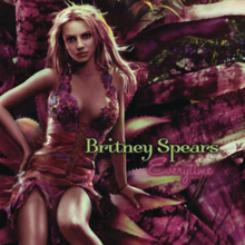 Image of Britney Spears. She is sitting in a giant purple flower wearing a dress in the same style. In the middle of the image, the words "Britney Spears" are written in green capital and small letters. Below them, the word "Everytime" is written in purple italics.