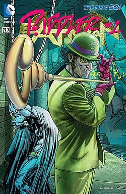 איש החידות, כפי שהופיע על עטיפת החוברת Batman Vol.2 #23.2: The Riddler מנובמבר 2013, אמנות מאת גילם מארץ'.