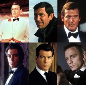 Sean Connery, George Lazenby, Roger Moore, Timothy Dalton, Pierce Brosnan i Daniel Craig na promotivnim fotografijama za ulogu Jamesa Bonda