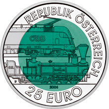 Coin with a dark green cener and a silvery outer rim. The rim reads: Republik Österreich 25 Euro. The centere shows electric and a steam driven locomotive