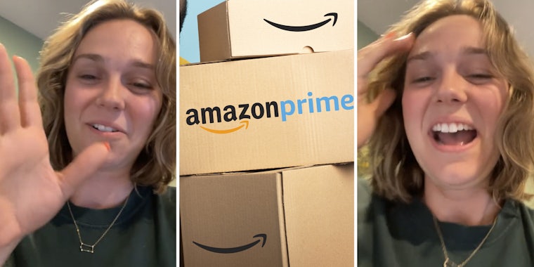 Woman talking(l+r), Amazon packages(c)