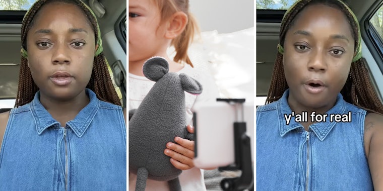 Woman talking(l+r), Child being filmed while holding stuffed animal(c)