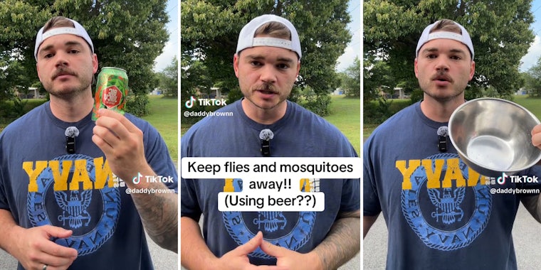 man with beer can (l) man with caption 'keep flies and mosquitoes away!! (Using beer??)' (c) man with empty bowl (r)