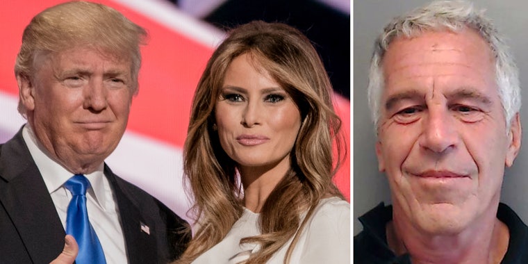 Donald and Melania Trump(l), Jeffrey Epstein mugshot(R)