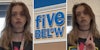 Woman talking(l+r), Five below sign(c)