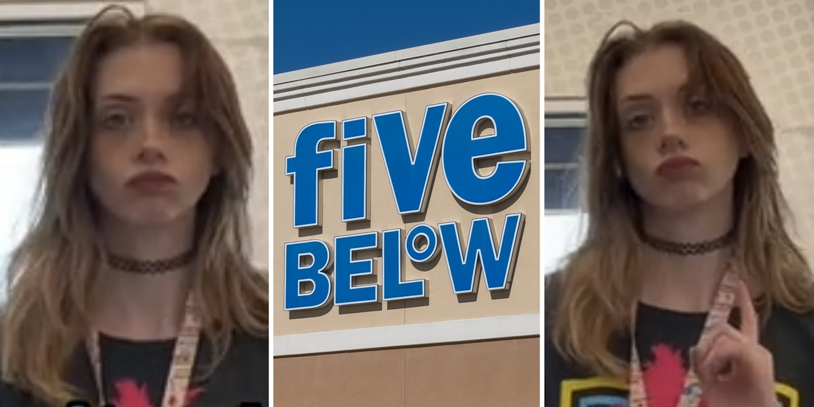 Woman talking(l+r), Five below sign(c)