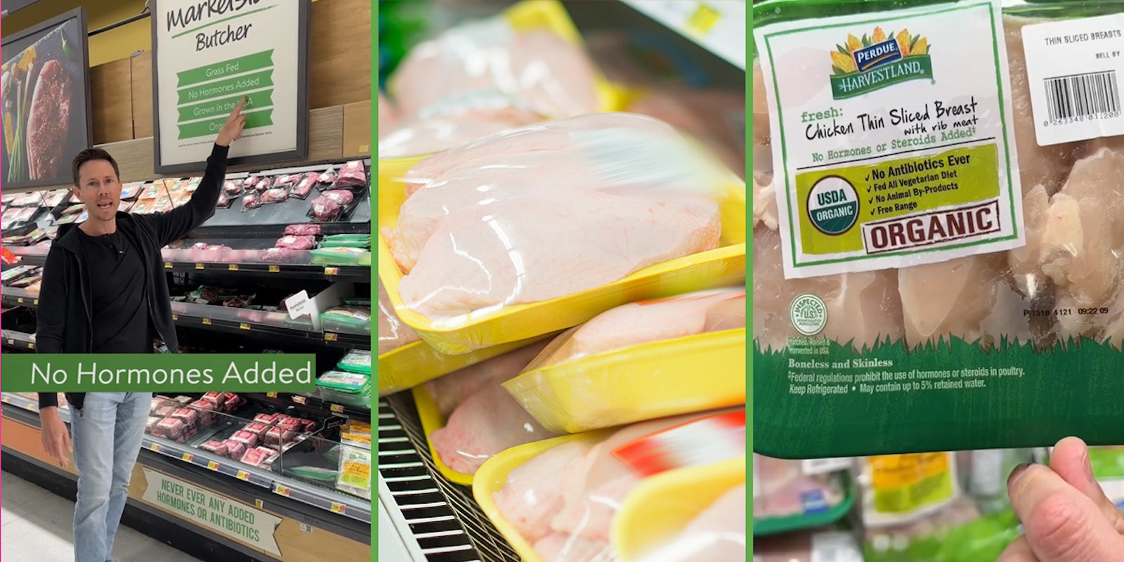 man at store pointing to sign next to chicken with caption 'No Hormones Added' (l) chicken at store (c) man holding chicken (r)