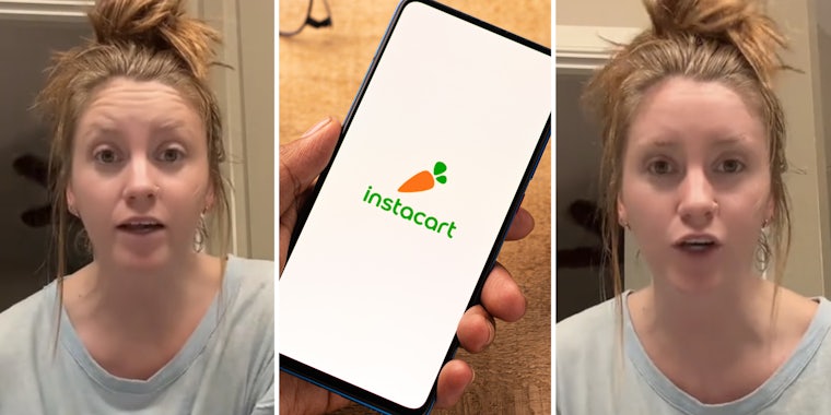 Woman talking(l+r), Instacart app on phone(c)