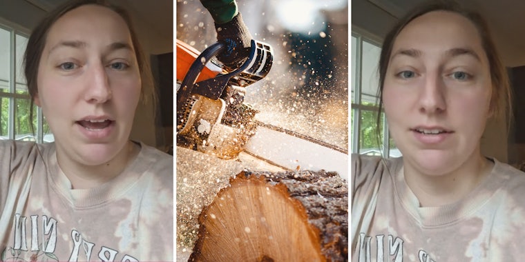 Woman talking(l+r), Hand cutting tree(c)