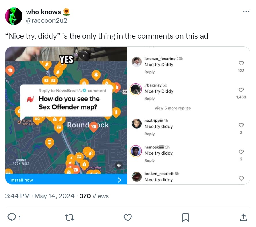 Screenshot of a tweet on X of a Sex Offender map ad with all of the comments saying, 'Nice try Diddy.'