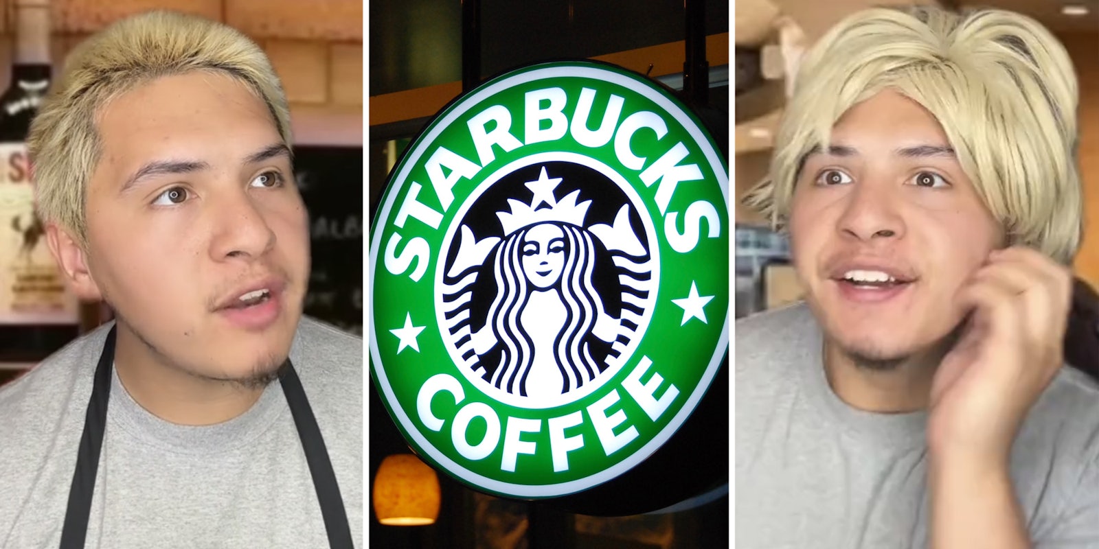 Man talking(l), Starbucks logo(c), Man dressed up(r)