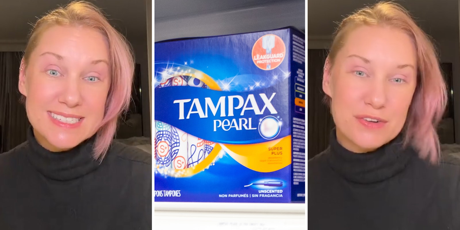 Woman talking(L+r), Tampax box(c)