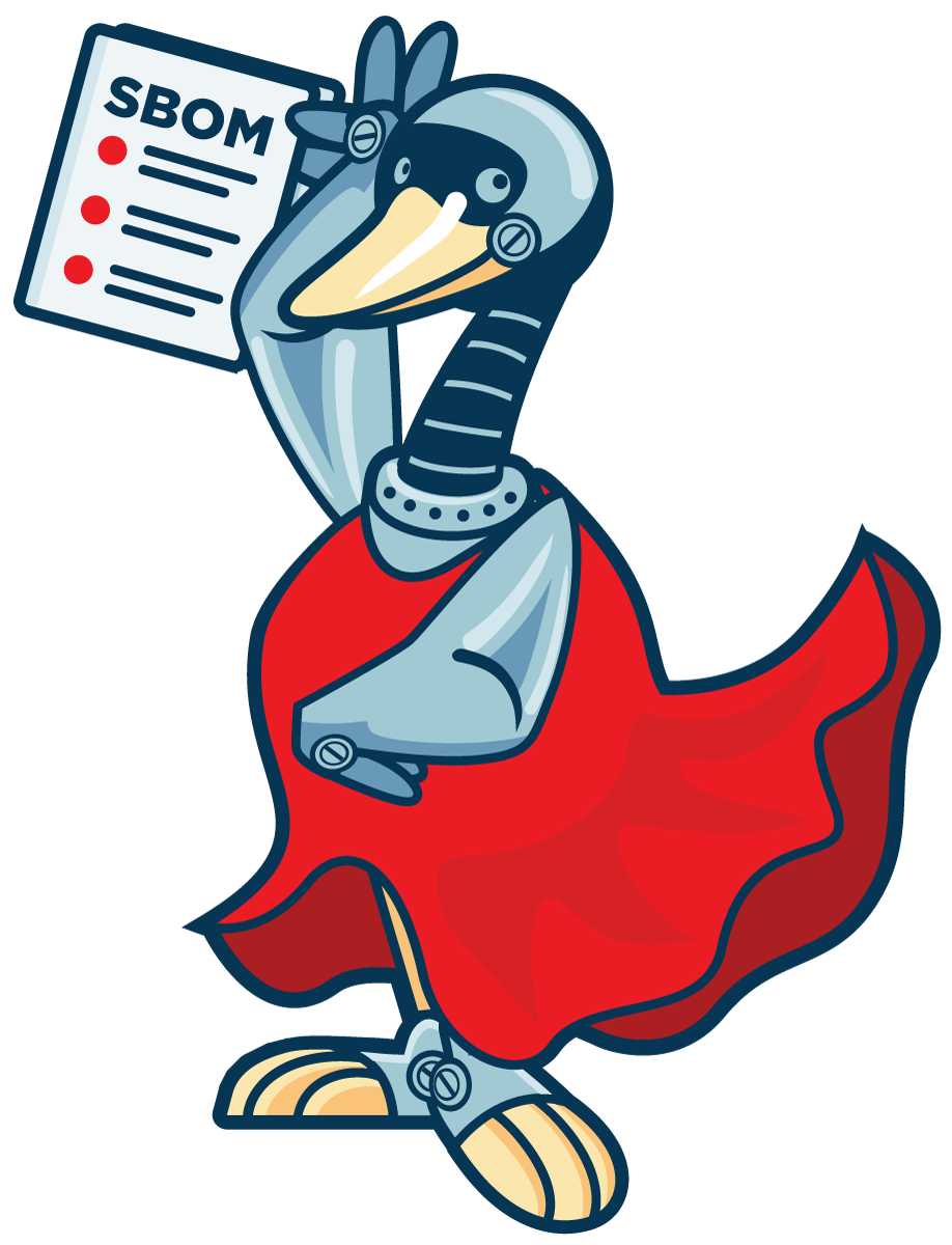 The OpenSSF mascot, a goose in armor, in a red salsa dress holds a sheaf of paper
the topmost of which is titled SBOM