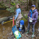 two researchers sample water in a stream.