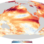 map of global oceans with red spots in Pacific Ocean and Atlantic Ocean