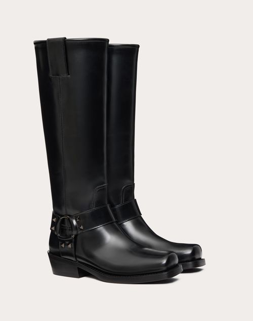 Valentino Garavani - Botas De Motociclista Rockstud De Cuero De Becerro Con Tacón De 40 mm - Negro - Mujer - Novedades