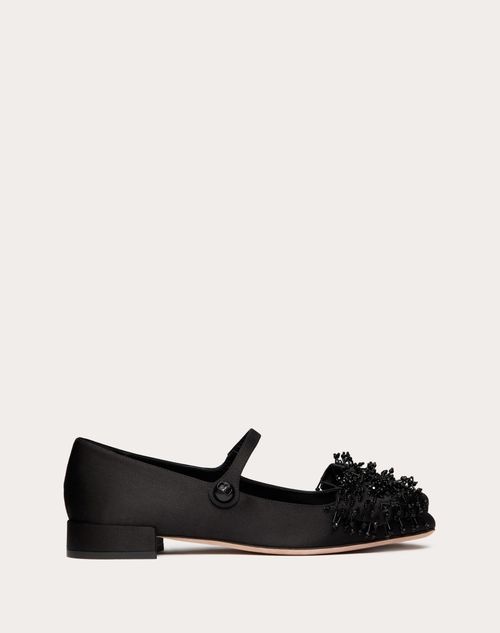 Valentino Garavani - Valentino Garavani Bowjane Mary-jane Satin Ballerina With Fringed Embroidery 20mm - Black - Woman - New Arrivals