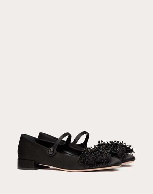 Valentino Garavani - Valentino Garavani Bowjane Mary-jane Satin Ballerina With Fringed Embroidery 20mm - Black - Woman - Shoes