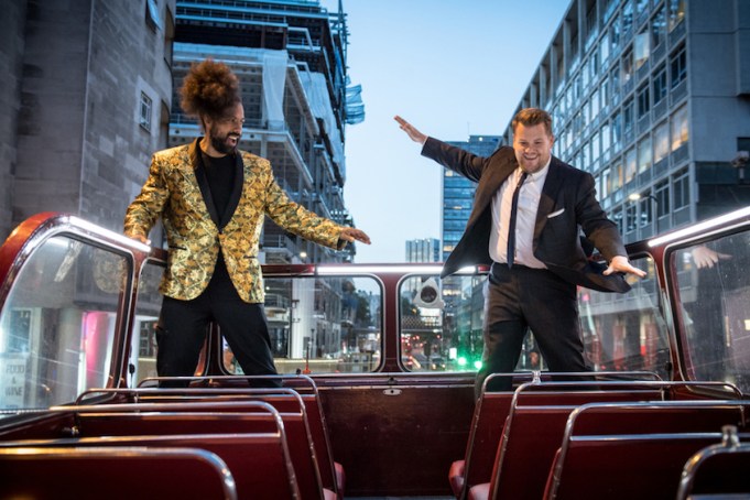 James Corden and Reggie Watts behind the scenes of filming the title sequence for "The Late Late Show with James Corden," airing the first week of June, 2017 from London (12:35 PM-1:37 AM ET/PT) On The CBS Television Network.  Photo: Craig SugdenCBS ¨©2017 CBS Broadcasting, Inc. All Rights Reserved