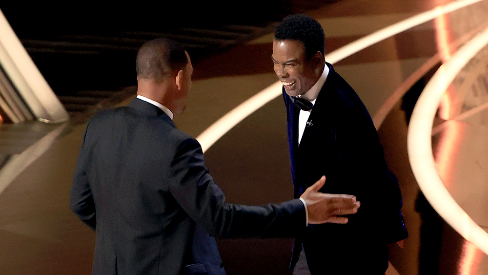 Chris Rock and Will Smith onstage at the 94th Academy Awards held at Dolby Theatre at the Hollywood & Highland Center on March 27th, 2022 in Los Angeles, California.